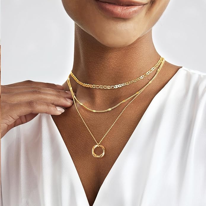 Gold Layered Necklaces for Women 14k Gold Plated Dainty Stackable Choker Necklaces for Women Trendy Layering Chain Cute Pendant Necklace Set Gold Jewelry for Women