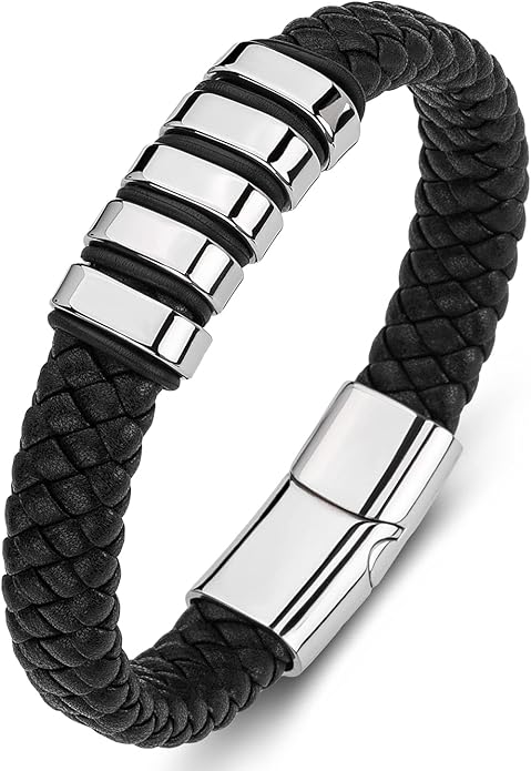 Leather Bracelet for Men Braided Cuff Wristband Stainless Steel Clasp in Silver and Gold Jewellery Gift