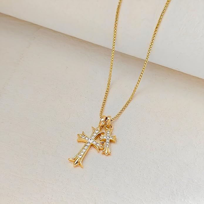 Partm Gold Cross Necklace for Women 14K Plated Dainty Pendant Cross Chain Faith Crucifix Choker Baptism Necklace for Women Trendy Religious Jewelry Hypoallergenic