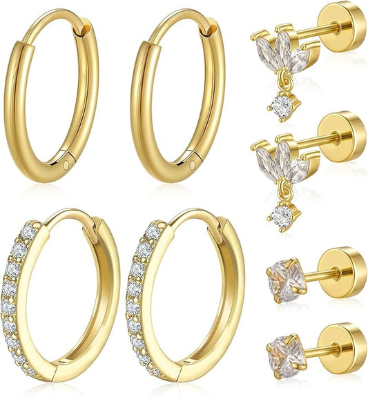 Gold Hoop Earrings for Women - 4 Pairs 14K Gold Plated Dainty Huggie Stacks Set for Multiple Piercing, Hypoallergenic Cartilage Earrings CZ Trendy Fashion Jewelry
