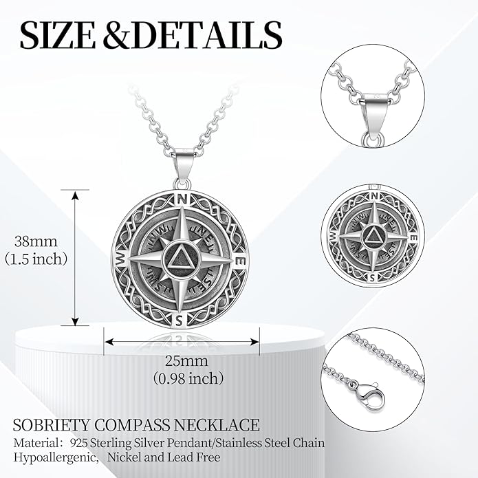 LES OSEWA Compass Necklace for Men Sterling Silver Compass Pendant Masonic Viking Necklace Travel Amulet Necklace Inspirational Graduation Jewelry Gifts for Women