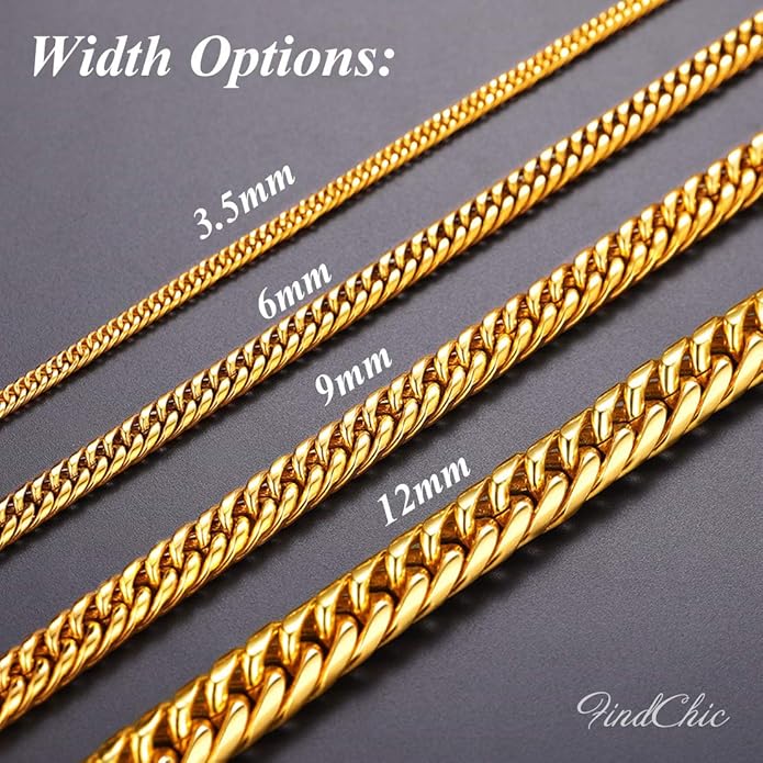 FindChic Men Curb Chain Necklace 18K Gold Plated/Stainless Steel/Black Chunky Double Tight Cuban Link Hip Hop Neck Chains for Men Boys 3.5MM/5MM/6MM/7MM/9MM/12MM 14''-30'' 8 Length Options (Send Gift Box)