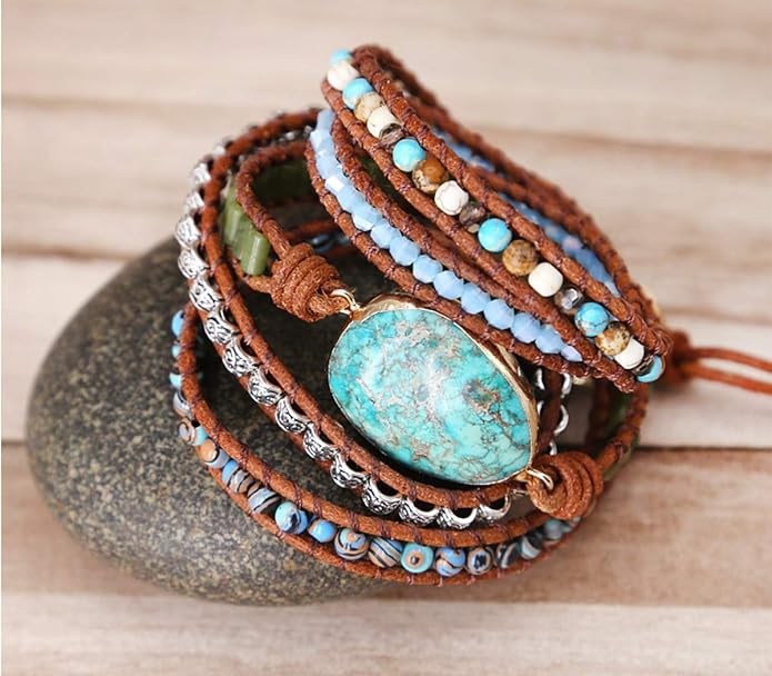 ZOSOJONA Boho Handmade Natural Stone Wrap Bracelets Turquoises Crystal Beads Bracelet Jewelry