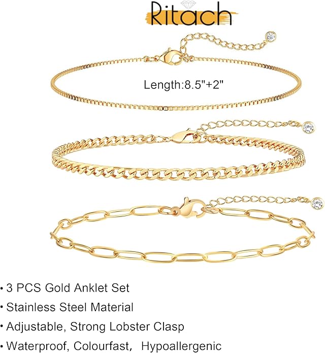 Ritach Ankle Bracelets for Women - Silver/Gold Plated Stainless Steel Anklets for Women Waterproof Layered Cuban Link Figaro Chain Heart Anklets Set Summer Beach Jewelry Gifts