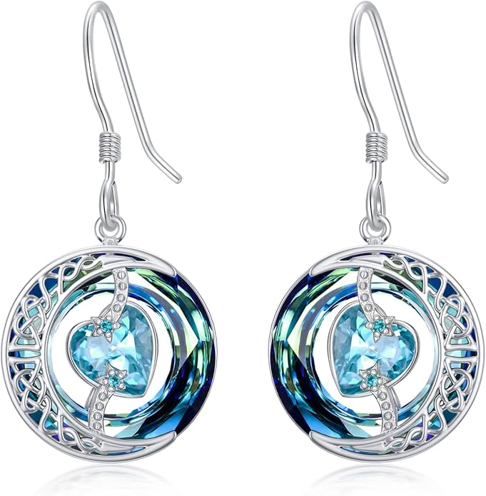 TOUPOP Birthstone Earrings for Women 925 Sterling Silver Moon and Star Dangle Earrings with Blue Crystal BirthdayJewelry Christmas Gifts for Women