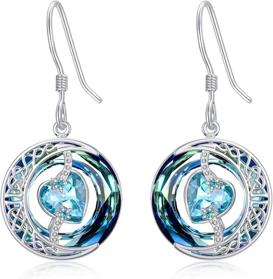 TOUPOP Birthstone Earrings for Women 925 Sterling Silver Moon and Star Dangle Earrings with Blue Crystal BirthdayJewelry Christmas Gifts for Women