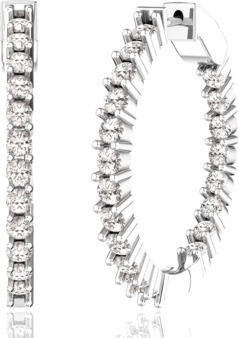 Hoop Earrings with 40 Colored Gemstones, Birthstone Earrings, 925 Sterling Silver Rhodium Plated, Push Back Closure, 1.18'