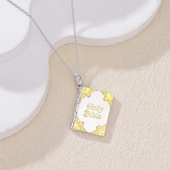 925 Sterling Silver Mini Bible Book Pendant Necklace, Openable Vintage Necklace, Christian Prayer Scripture Jewelry for Men and Women