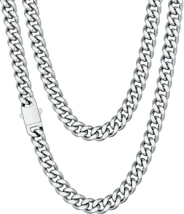 Fiusem Valentines Day Gifts for Him Silver Tone/Black/14K Gold Plated Chain Necklace for Men, 5mm/6mm/7.5mm/8mm/9mm Stainless Steel Cuban Link Chain Necklace, Men's Chains 18-28 Inch Jewelry Gifts
