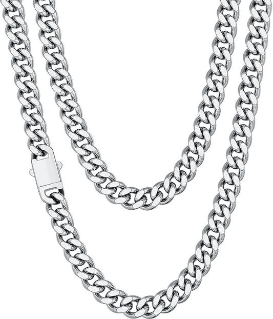Fiusem Valentines Day Gifts for Him Silver Tone/Black/14K Gold Plated Chain Necklace for Men, 5mm/6mm/7.5mm/8mm/9mm Stainless Steel Cuban Link Chain Necklace, Men's Chains 18-28 Inch Jewelry Gifts