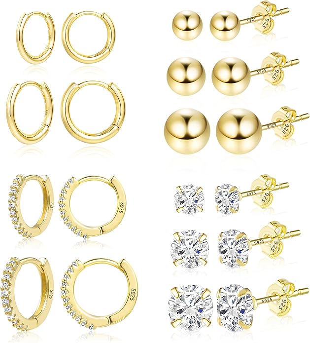 Stud Earrings for Women Hypoallergenic Sterling Silver Post Hoop and Studs Earrings Set for Multiple Piercing Small Ball Cubic Zirconia Earring Studs for Women Trendy Jewelry Gifts（6 Pairs）
