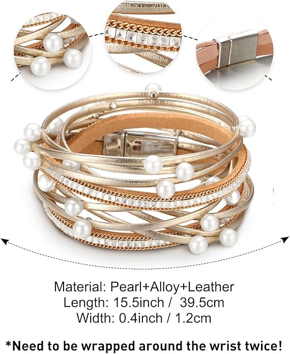 Fesciory Leather Wrap Bracelets for Women, Boho Leopard Multi-Layer Crystal Beads Cuff Bracelet Jewelry