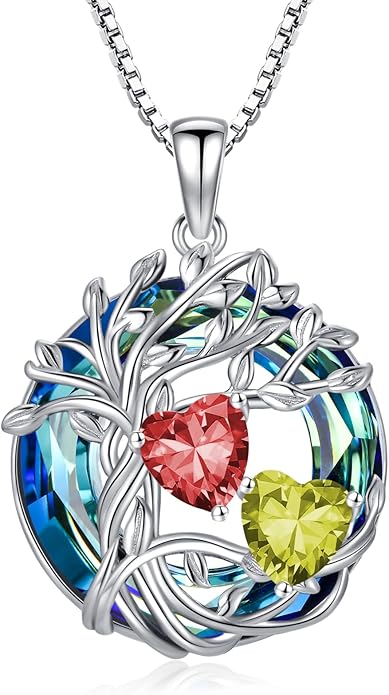 TOUPOP s925 Sterling Silver Family Celtic Tree of Life Pendant Necklaces with 2 Heart Birthstone with Blue Austrian Crystal Jewelry Birthday Anniversary Christmas Gifts for Her Wife Girlfriend Mom (18K Real White Gold Filled)
