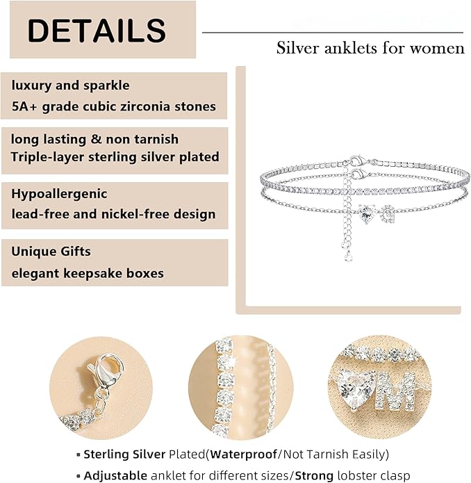 Heart Initial Silver Anklets for Women Waterproof Dainty Silver Plated ankle bracelets for women Large Ankle Women's Anklets Tennis ankle bracelets Non Tarnish Summer Beach Foot Jewelry