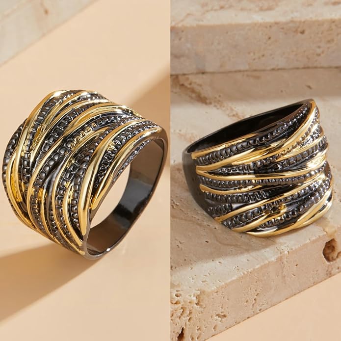 2 Tone Intertwined Crossover Statement Ring Fashion Chunky Band Rings for Women Wide Index Finger Rings Costume Jewelry