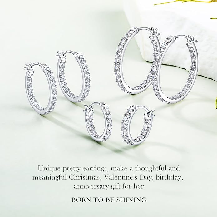 Yellow Gold Plated/925 Sterling Silver Sparkle Cubic Zirconia Hoop Earrings for Women fit Sensitive Ears 14mm/20mm/26mm Huggie/Medium/Large Hoops(with Gift Box)
