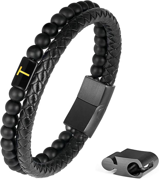 FOCOOG Leather Bracelets for Mens Gifts - Premium Genuine Leather Natural Lava Rock Matte Agate Adjustable Stainless Steel Magnetic Clasp Initial Bracelet, Unique Gifts for Men Husband Dad Son