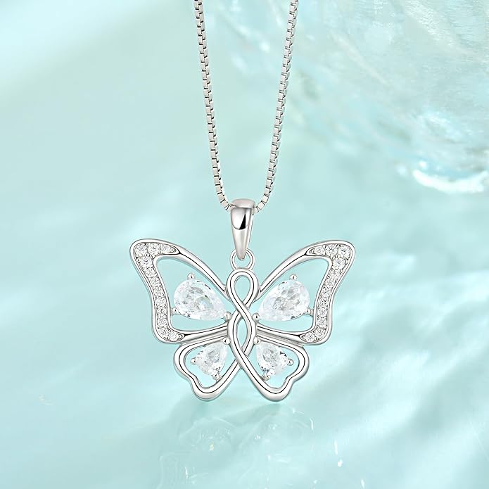 Butterfly Necklace 925 Sterling Silver Cubic Zirconia Birthstone Jewelry Gifts for Women Wife Mother