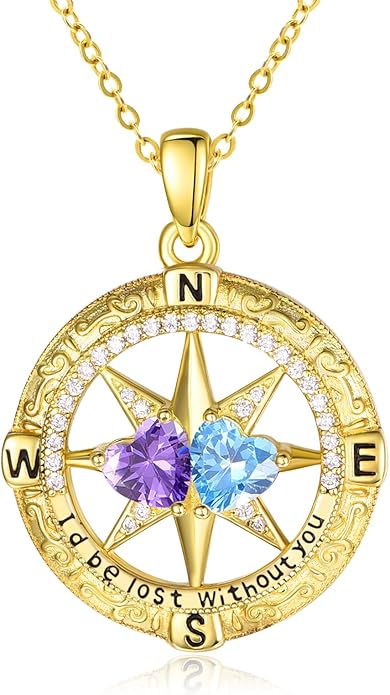 Zeuslia Double Birthstone Necklace Gifts for Wife - 925 Sterling Silver Sunflower/Rose/Crown Cross/Compass/Heart Pendant I Love You Necklace, Anniversary Birthday Gifts for Wife Girlfriend Mom Her