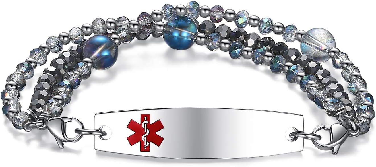 mnmoom 7.5 inch interchangeable Medical id bracelets for Women beads Medical alert bracelets with customize engraving