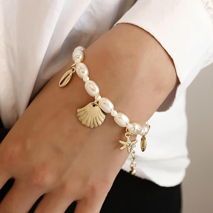 Shell Ankle Bracelet Set for Women, Gold Plated Boho Bead Adjustable Anklet, Hawaiian Beach Seashell Pearl Heart Starfish Conch Foot Jewelry Gifts