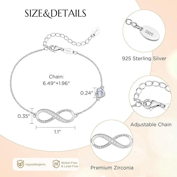NORBU S925 Infinity Bracelets for Women, Sterling Silver Womens Infinity Heart Birthstone Link Charm Bracelet, Jewelry Gifts for Her Christmas Birthday Valentine Mother's Day