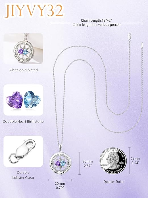 Compass Birthstones Necklace for Women, Exquisite Anniversary Birthday Gifts for Wife Her Double Birthstone Pendant jewelry ‘I'd be Lost Without You’