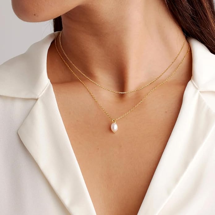 Layered Pearl Choker Necklaces for Women Gold Plated Dainty Trendy Faux Pearl Drop Pendant Y Shaped Layered Gold Necklace Wedding Bridal Jewelry