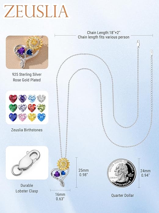Zeuslia Double Birthstone Necklace Gifts for Wife - 925 Sterling Silver Sunflower/Rose/Crown Cross/Compass/Heart Pendant I Love You Necklace, Anniversary Birthday Gifts for Wife Girlfriend Mom Her