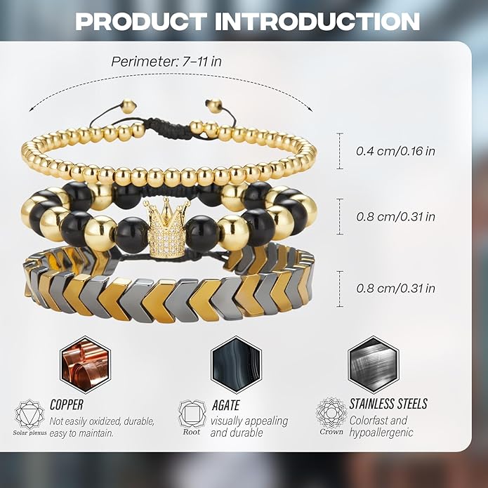 3pc Mens Beaded Bracelets Silver Stainless Steel Chain Bracelet for Men Handmade Braided Bracelet Sets Jewelry Gifts for Men