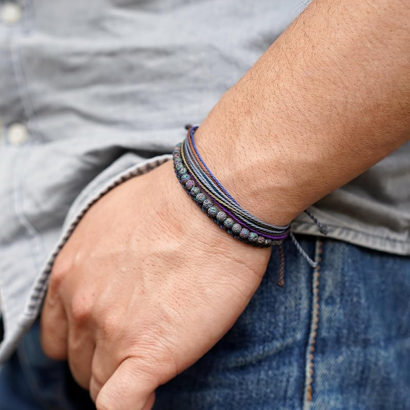 Handmade Natural Stone Beaded Healing Bracelet Gift for Men Adjustable Rope String Bracelet (Colorful Lava)
