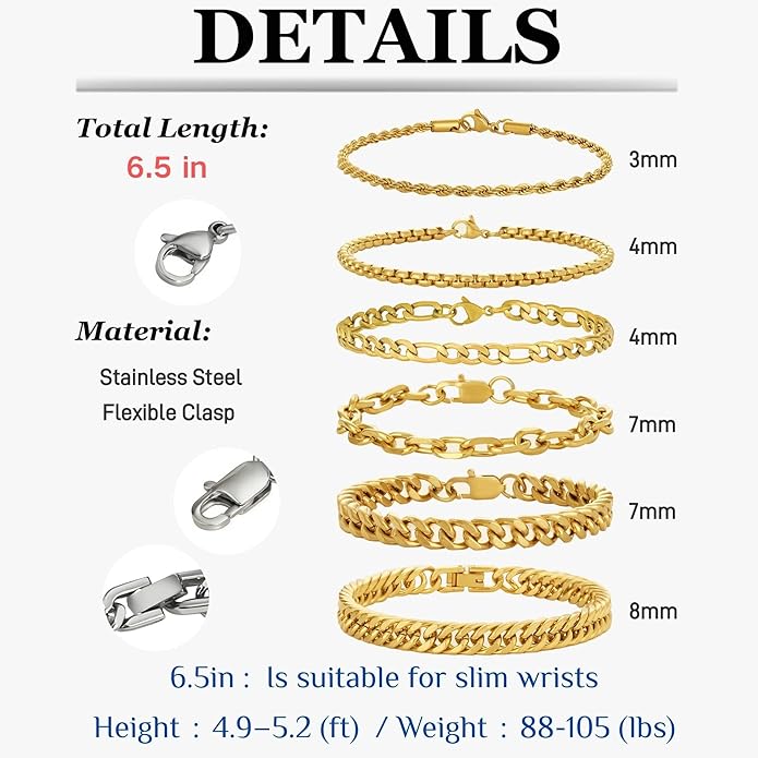 XIANNVXI 6pcs Stainless Steel Bracelets for Men Women Silver/Gold/Black Cuban Link Rope Paperclip Chain Bracelets Set 6.5/7/7.5/8.3/9 Inches Metal Bracelet Mens Fashion Accessories Jewelry Set