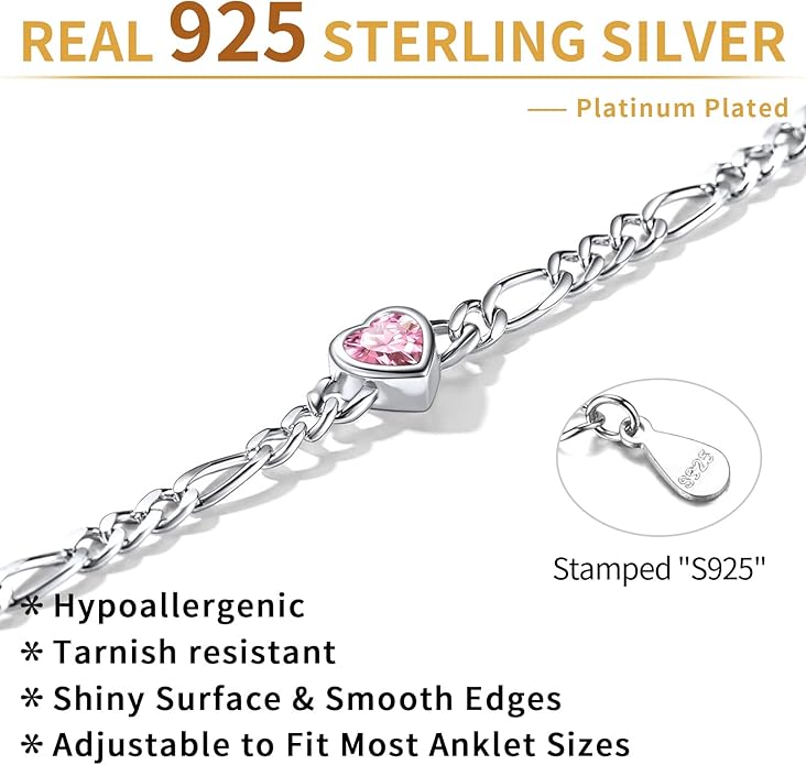 ChicSilver Sterling Silver Anklets Bracelets for Women, Figaro Chain Heart/Round Birthstone Anklet for Women Waterproof, Dainty Herringbone Ankle Bracelet Summer Beach jewelry
