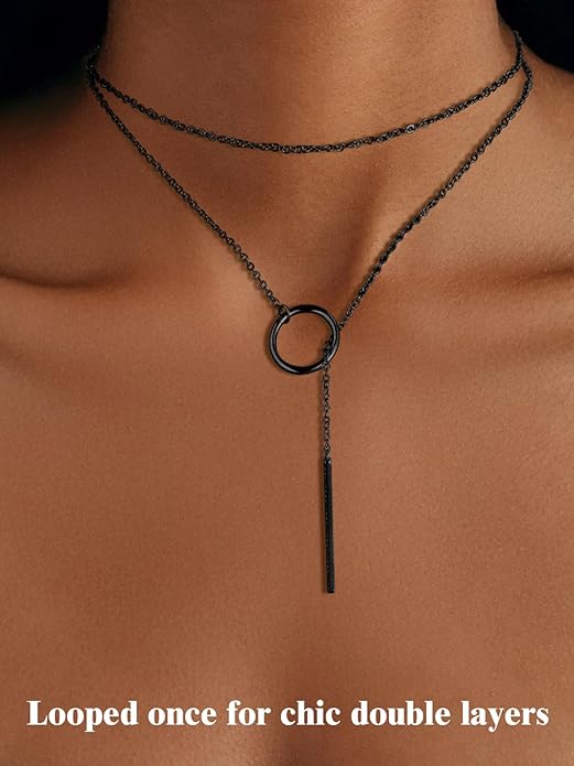 FOCALOOK Long Necklaces for Women 14K Gold Plated Dainty Drop Bar Pendant Lariat Y-Shaped Necklace Earring Set 28inch/73cm