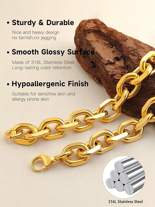 Hoyazvet Cable Chain Stainless Steel Necklace for Men Women, 3/5/8/10/13MM Width, 18K Gold Plated/Black Metal/316L Stainless Steel Sturdy Rolo Link Chain Necklace, 18-30inch Length