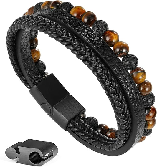Gifts for Men - Layered Leather Beads Bracelet, Tiger Eye Lava Rock Stone Braided Leather Bracelets for Men Adjustable Magnetic Clasp Birthday Gifts