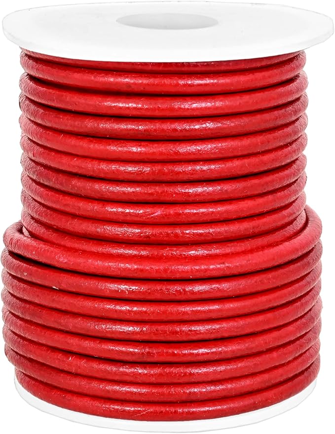 GENIQUE Real/Genuine Round Leather String Cord for Necklace, Bracelets, Jewelry, Kumihimo Braiding, DIY Projects (10 Metres) (3mm, Red)