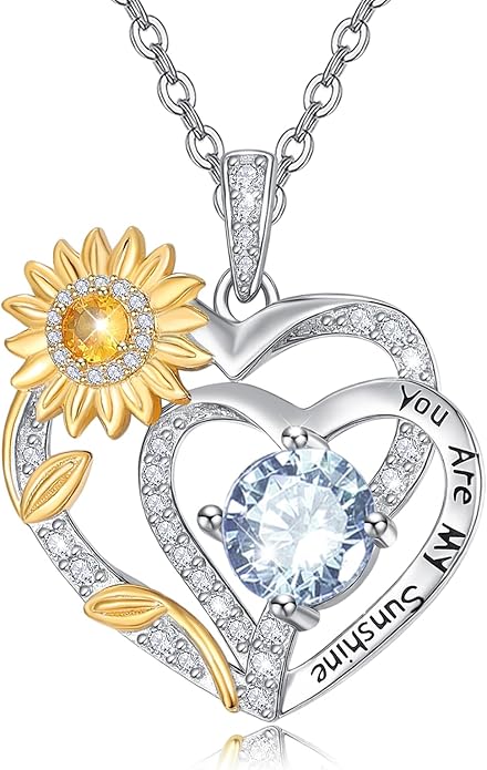 Zeuslia Double Birthstone Necklace Gifts for Wife - 925 Sterling Silver Sunflower/Rose/Crown Cross/Compass/Heart Pendant I Love You Necklace, Anniversary Birthday Gifts for Wife Girlfriend Mom Her