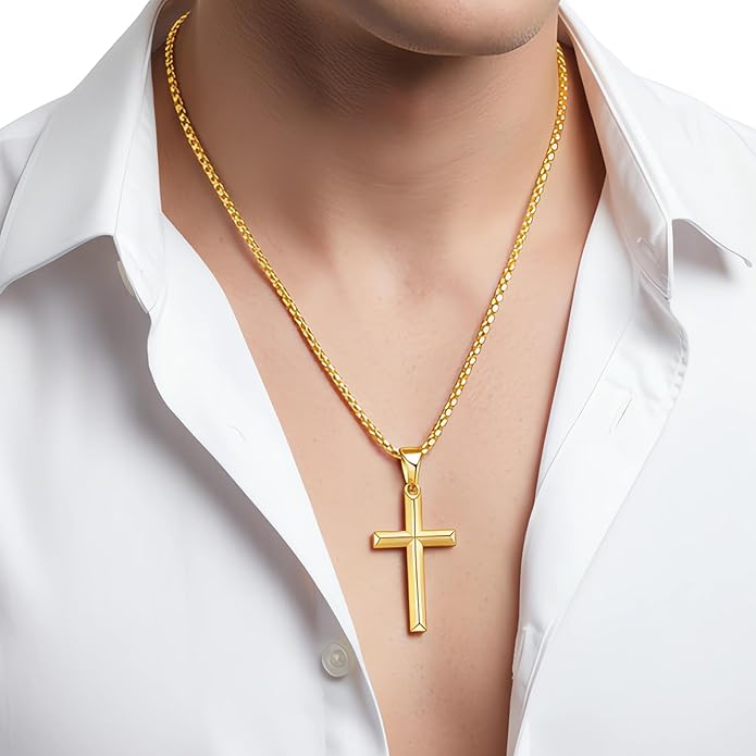 Fiusem Beveled Edge Cross Necklace for Men, Silver Tone/Black/14K Gold Plated Mens Cross Necklace, 2.5MM Stainless Steel Box Chain with Pendant