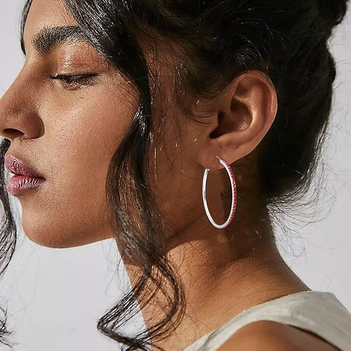 925 Sterling Silver Earrings Large Rhinestone Hoop Earrings Big Cubic Zirconia Hoop Earrings Thin Rhinestones Round Hoop Earrings for Women 20/30/40/50/60/70mm Sparkly Hoops With Crystals for Womens