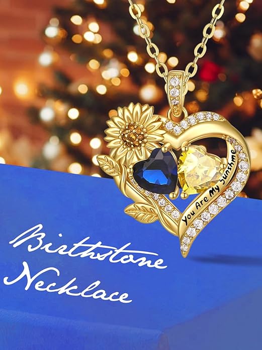 Sunflower Heart Necklace for Women 14K Gold Exquisite Anniversary Birthday Gifts for Wife Mother Her Double Birthstone Pendant jewelry‘You Are My Sunshine’