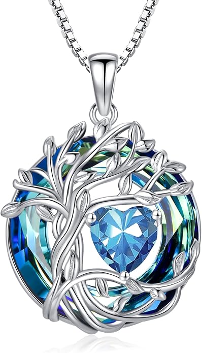 TOUPOP Christmas Gifts Tree of Life Birthstone Necklace 925 Sterling Silver Pendant Austrian Crystal Jewelry Anniversary Birthday Gifts for Women Mom Her Wife
