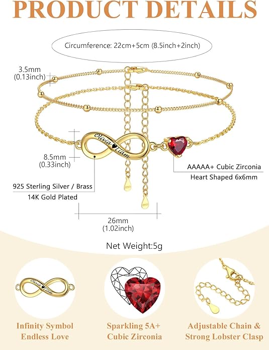 Custom4U Personalized Infinity Ankle Bracelets for Women 925 Sterling Silver Anklet Bracelet Endless Love Symbol Birthstone Charm Adjustable Foot Chain Jewelry Mothers Day Gifts for Mom Wife Women Her