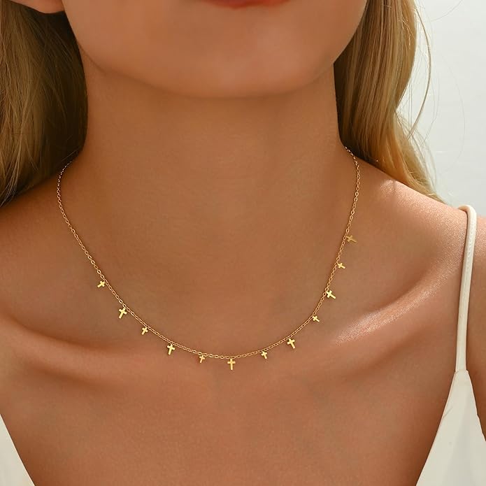 Gold Chain Necklace for Women 18K Gold Plated Stainless Steel Necklace Dainty Star Cross Heart Choker Chains Simple Delicate Minimalist Trendy Jewelry