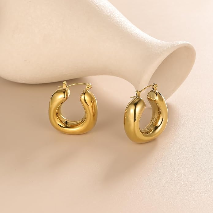 8YEARS Chunky Gold Hoop Earring for Women, 18K Gold Plated Lightweight Thick Hoops, Hypoallergenic Trendy Jewelry for Gift
