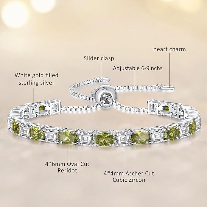 Sterling Silver Birthstone Bracelets for Women White Gold Tennis Bracelets Adjustable Chain 6-9 Inchs Jewelry Hypoallergenic Anniversary Birthday Gifts for Women Mom Wife Her