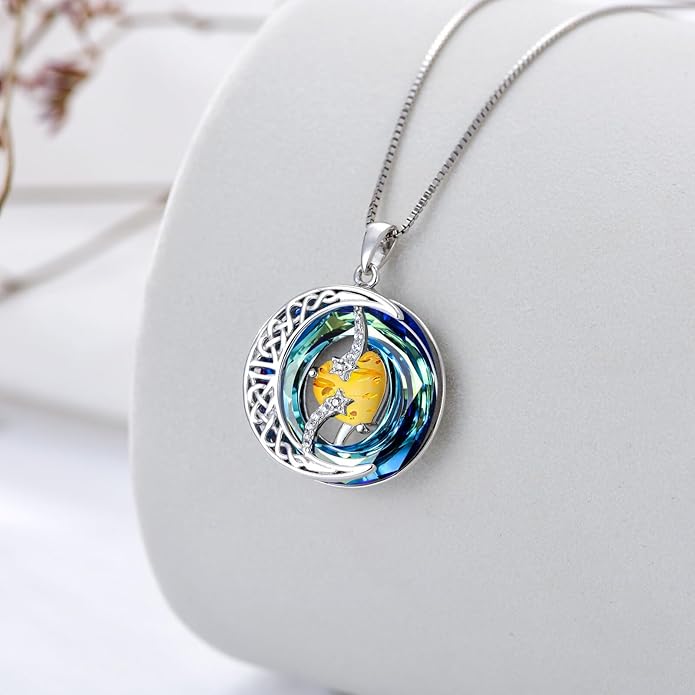 TOUPOP Christmas Gifts Birthstone Necklace 925 Sterling Silver Moon and Star Pendant with Blue Crystal Celtic Moon Jewelry Birthday Gifts for Women Mom Wife Her Daughter