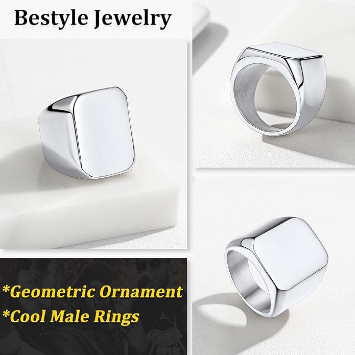 Bestyle Stainless Steel Signet Ring for Men Women in Gold/Black/Silver/Vintage Gray Tone, Chunky Thick Heavy Dome Band Ring Cool Finger Ring, Gift for Dad Husband, Size 7-14 Customizable