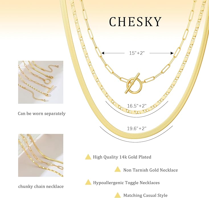 CHESKY 14K Gold Plated Layered Herringbone Necklaces for Women, Trendy Paperclip Snake Chain Necklace Cuban Link Simple Chunky Toggle Clasp Necklace Set Fashion Jewelry