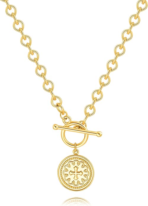 CANEVINKA Dainty Cross Medallion/Heart Pendant Chain Necklace 18K Gold Plated Oval Choker Fashion OT Toggle Jewelry Handmade for Women Simple Gold Charm Necklace